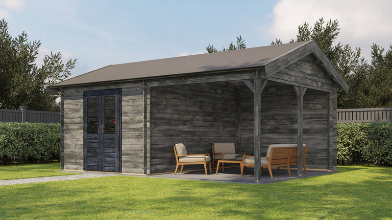 Large, grey, wooden garden building with black double doors, large canopy area on right side. Viewed from front/right side. 