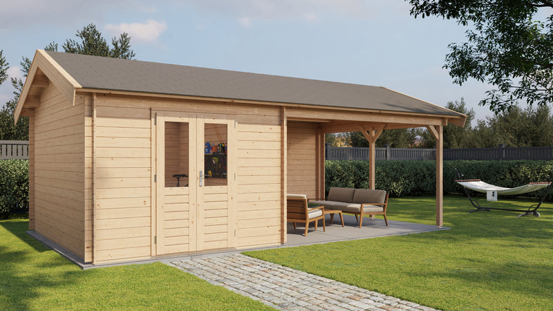 Large, wooden garden building with double doors, large canopy area on right side. Viewed from front/left side. 