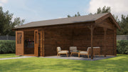 Large, brown wooden garden building with opened double doors, large canopy area on right side. Viewed from front/right side. 
