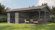 Large, grey, wooden garden building with double doors, large canopy area on right side. Viewed from front/right side. 
