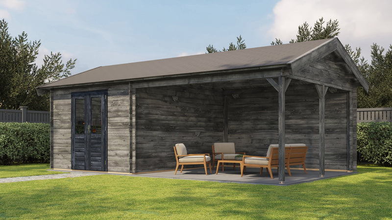 Large, grey, wooden garden building with double doors, large canopy area on right side. Viewed from front/right side. 