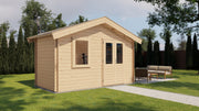 Wooden garden building with double doors, front window. Viewed from front/left side. 