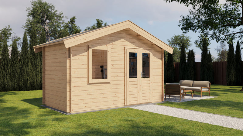 Wooden garden building with double doors, front window. Viewed from front/left side. 