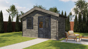 Grey, wooden garden building with double doors, front window. Viewed from front/rright side. 