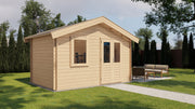 Wooden garden building with double doors, front window. Viewed from front/left side. 