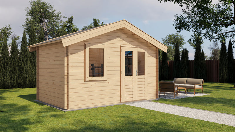 Wooden garden building with double doors, front window. Viewed from front/left side. 