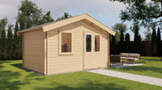 Wooden garden building with double doors, front window. Viewed from front/left side. 