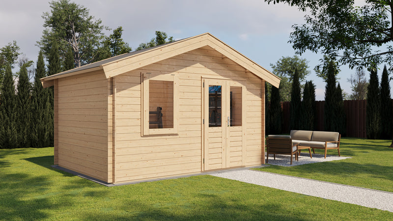 Wooden garden building with double doors, front window. Viewed from front/left side. 