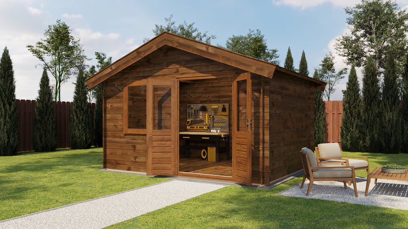 Brown, wooden garden building with opened double doors, front windows. Viewed from front/right side. 