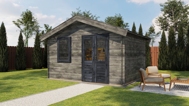 Grey, wooden garden building with black doble doors, front windows. Viewed from front/right side. 