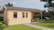 Large, wooden garden building with double doors, front window, large canopy on right side. Viewed from front/left side. 
