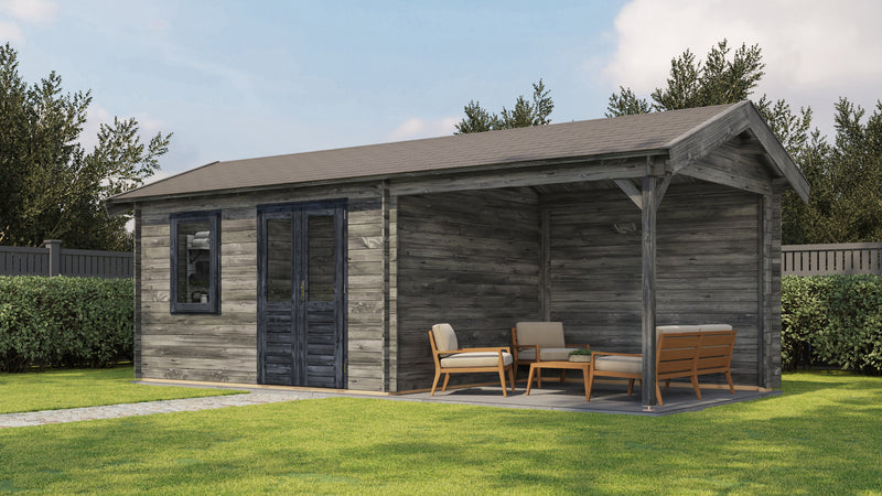 Large, grey, wooden garden building with double doors, front window, large canopy area on right side. Viewed from front/right side. 