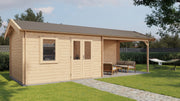 Large, wooden garden building with double doors, front window, large canopy area on right side. Viewed from front/right side. 