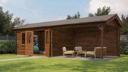 Large, brown, wooden garden building with opened double doors, front window, large canopy area on right. Viewed from front/right side. 
