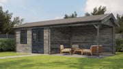 Large, grey, wooden garden building with double doors, front windows, large canopy area on right side. Viewed from front/right side. 