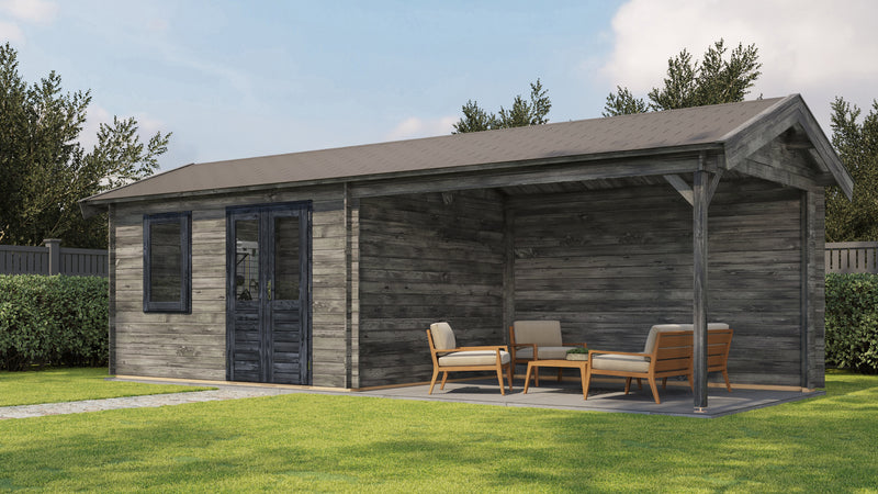 Large, grey, wooden garden building with double doors, front windows, large canopy area on right side. Viewed from front/right side. 