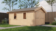 Wooden garage with large double doors, single door, front window. Viewed from front/right side. 