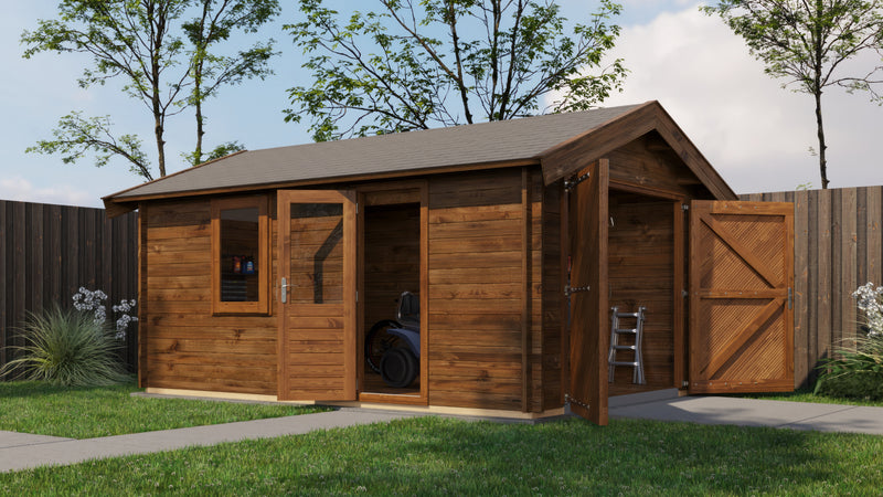 Brown, wooden garage with large opened double doors, opened single door, front window. Viewed from front/right side. 