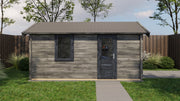 Large, grey wooden garage with black door and window, viewed from the front. 