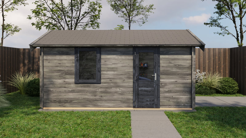 Large, grey wooden garage with black door and window, viewed from the front. 