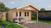 Wooden garden building with double doors, front windows, canopy area at front. Viewed from front/left side. 