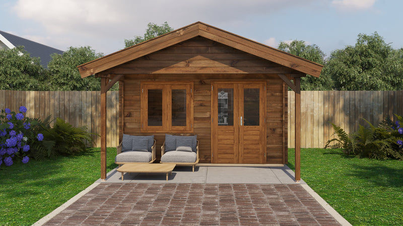 Brown, wooden garden building with double doors, front windows, canopy area at front. Viewed from the front. 
