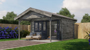 Grey, wooden garden building with opened double doors, front windows, canopy area at front. Viewed from front/right side. 