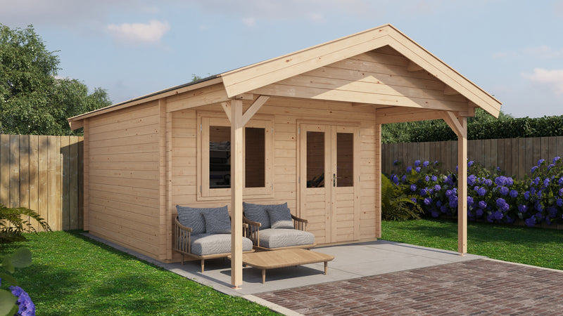 Large, wooden garden building with double doors, front windows, canopy area at front. Viewed from front/left side. 