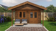 Large, brown, wooden garden building with double doors, front windows, canopy area at front. Viewed from the front. 