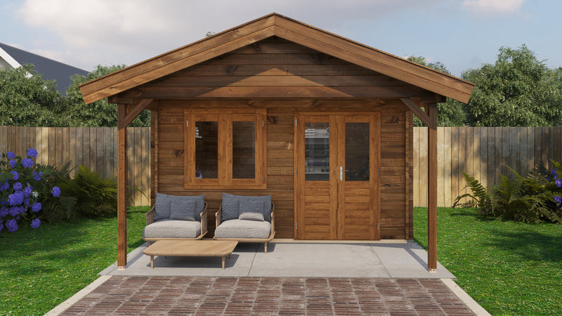 Large, brown, wooden garden building with double doors, front windows, canopy area at front. Viewed from the front. 