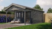 Large, grey, wooden garden building with opened double doors, front windows, canopy area at front. Viewed from front/right side. 