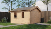 Large, wooden garage with double doors, single door + window. Viewed from front/right side. 