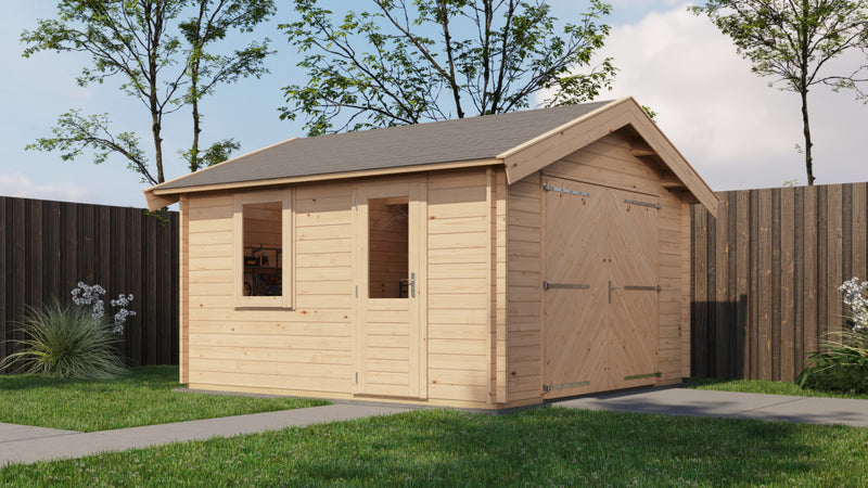 Large, wooden garage with double doors, single door + window. Viewed from front/right side. 