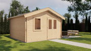 Wooden garden building with double doors, front window. Viewed from front/left side. 