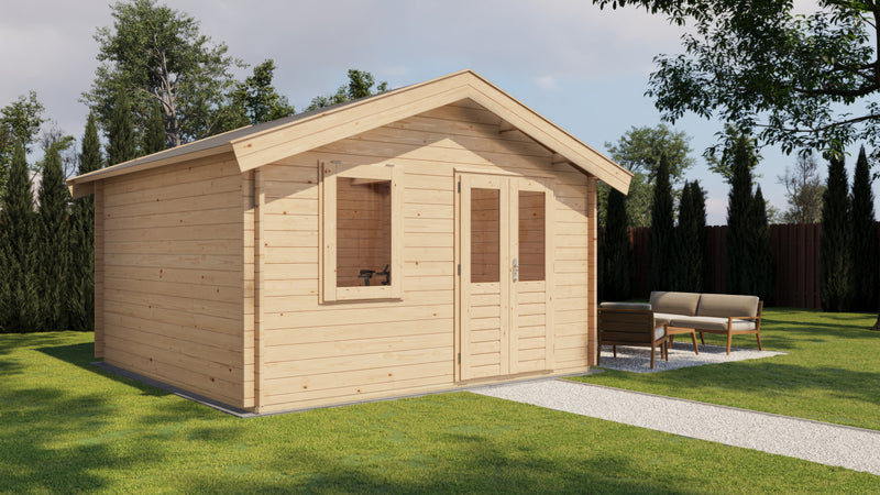 Wooden garden building with double doors, front window. Viewed from front/left side. 