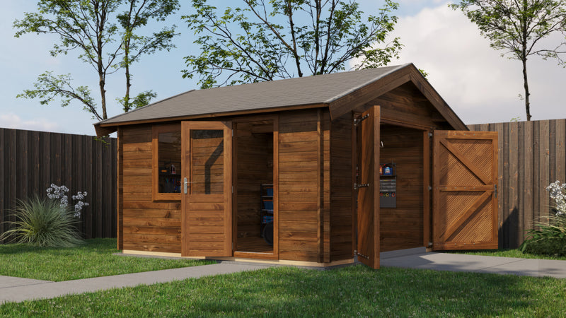 Large, brown, wooden garage with large double doors, signle door + window. Viewed from front/right side.
