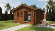 Brown, wooden garden building with opened double doors, front window. Viewed from front/right side.