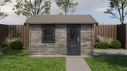 Large, grey wooden garden building with black door, black window, grey roof tiles. Viewed from the front. 
