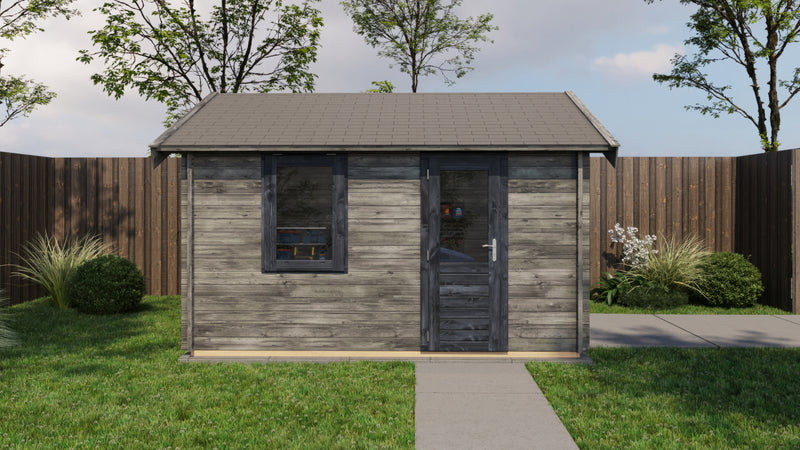Large, grey wooden garden building with black door, black window, grey roof tiles. Viewed from the front. 