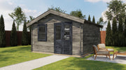 Grey, wooden garden building with black double doors, front window. Viewed from front/right side. 