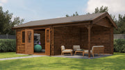 Large, brown, wooden garden building with opened double doors, front window large canopy area on right side. Viewed from front/right side. 