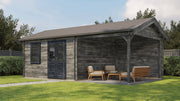 Large, grey wooden garden building with black double doors + window, large canopy area on right side. Viewed from front/right side. 