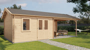 Large, wooden garden building with double doors, window, large canopy area on right side. Viewed from front/left side. 