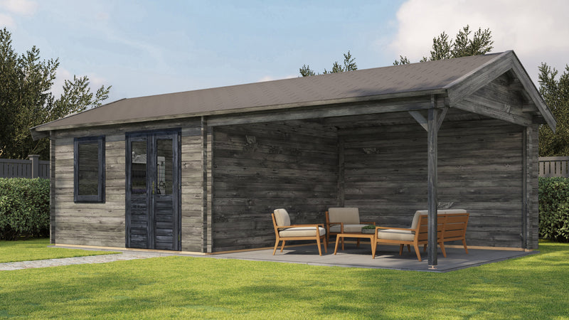 Large, grey wooden garden building with black double doors, window, large canopy area on right side. Viewed from front/right side. 