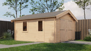 Large, wooden garage with largedouble doors, single door + window. Viewed from front/right side. 