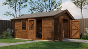 Large, b wooden garage with largedouble doors, single door + window. Viewed from front/right side. 