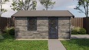 Large, grey wooden garden building with black single door window, viewed from the front. 