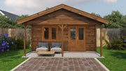 Large, brown, wooden garden building with double doors, front windows, large canopy area at front. Viewed from the front. 
