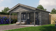 Large, grey wooden garden building with double doors, windows, large canopy area at front. Viewed from front/right side. 