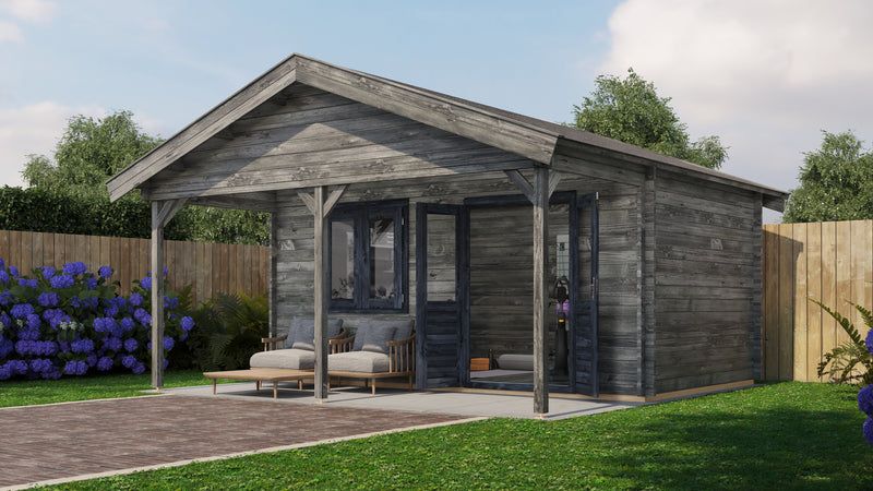 Large, grey wooden garden building with double doors, windows, large canopy area at front. Viewed from front/right side. 